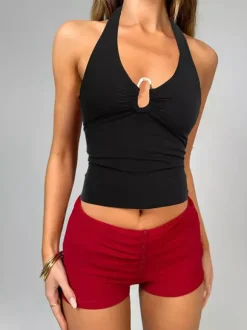 Burgundy Cami Top Halter Lace Up Buttons Chic Women Camis