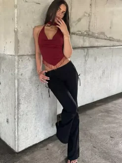 Burgundy Cami Top Straps Neck Fringe Open Shoulder Sexy Women Camis
