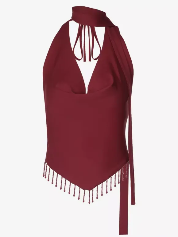 Burgundy Cami Top Straps Neck Fringe Open Shoulder Sexy Women Camis