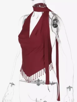 Burgundy Cami Top Straps Neck Fringe Open Shoulder Sexy Women Camis
