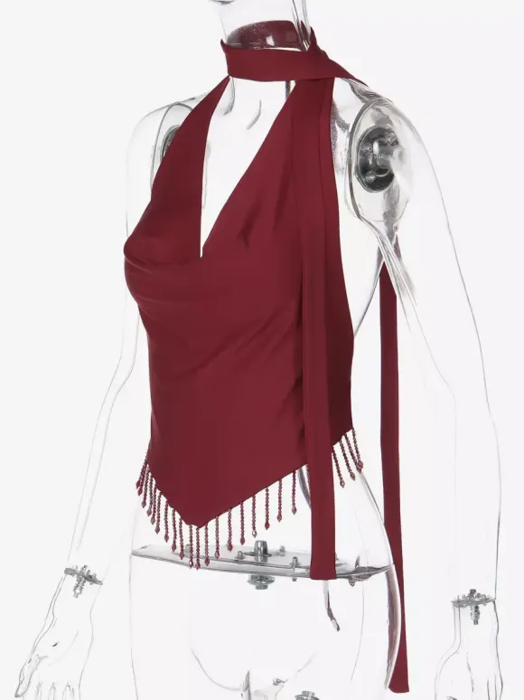 Burgundy Cami Top Straps Neck Fringe Open Shoulder Sexy Women Camis