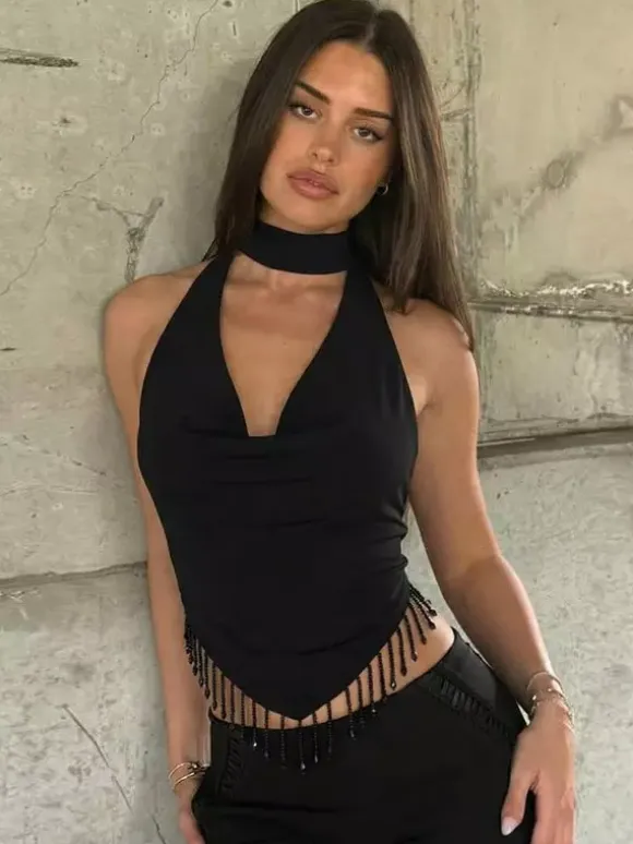 Burgundy Cami Top Straps Neck Fringe Open Shoulder Sexy Women Camis