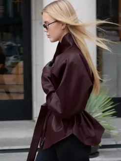 Burgundy Faux Leather Women's Belted Jacket - High Neck Cinch Waist Peplum - Mob Wife Spring Chic Streetwear 2026