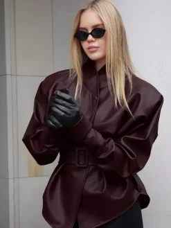 Burgundy Faux Leather Women's Belted Jacket - High Neck Cinch Waist Peplum - Mob Wife Spring Chic Streetwear 2026