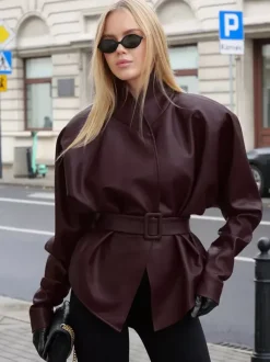 Burgundy Faux Leather Women's Belted Jacket - High Neck Cinch Waist Peplum - Mob Wife Spring Chic Streetwear 2026