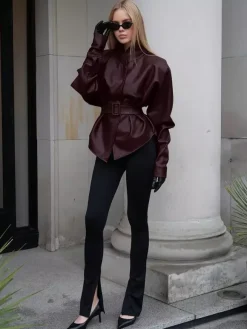 Burgundy Faux Leather Women's Belted Jacket - High Neck Cinch Waist Peplum - Mob Wife Spring Chic Streetwear 2026