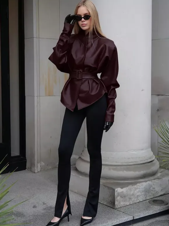 Burgundy Faux Leather Women's Belted Jacket - High Neck Cinch Waist Peplum - Mob Wife Spring Chic Streetwear 2026