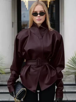 Burgundy Faux Leather Women's Belted Jacket - High Neck Cinch Waist Peplum - Mob Wife Spring Chic Streetwear 2026
