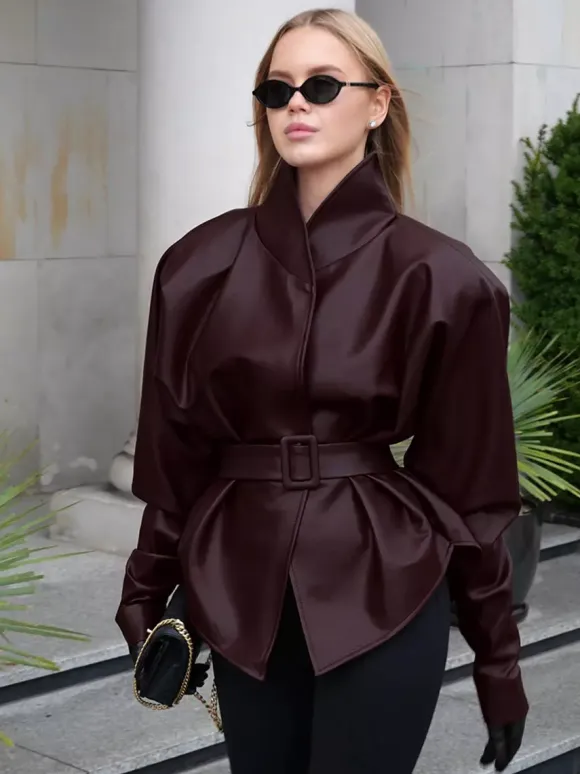 Burgundy Faux Leather Women's Belted Jacket - High Neck Cinch Waist Peplum - Mob Wife Spring Chic Streetwear 2026