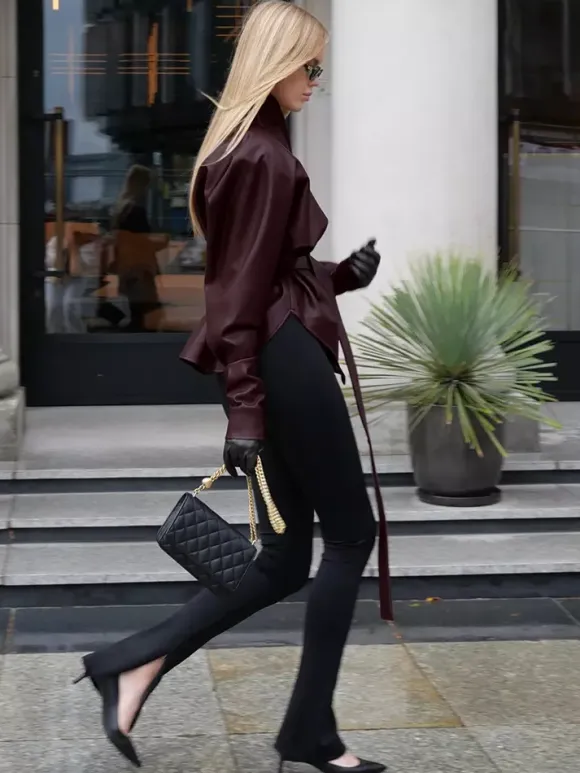 Burgundy Faux Leather Women's Belted Jacket - High Neck Cinch Waist Peplum - Mob Wife Spring Chic Streetwear 2026