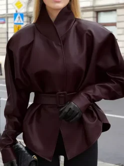 Burgundy Faux Leather Women's Belted Jacket - High Neck Cinch Waist Peplum - Mob Wife Spring Chic Streetwear 2026