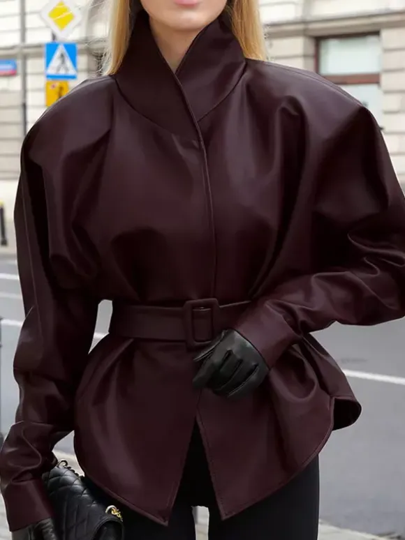Burgundy Faux Leather Women's Belted Jacket - High Neck Cinch Waist Peplum - Mob Wife Spring Chic Streetwear 2026