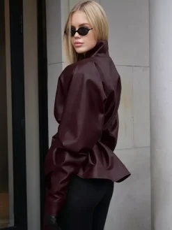 Burgundy Faux Leather Women's Belted Jacket - High Neck Cinch Waist Peplum - Mob Wife Spring Chic Streetwear 2026