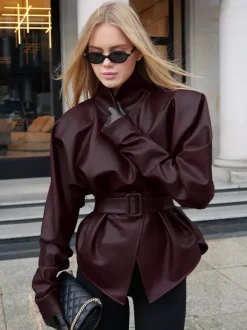 Burgundy Faux Leather Women's Belted Jacket - High Neck Cinch Waist Peplum - Mob Wife Spring Chic Streetwear 2026