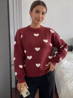 Burgundy Heart Pattern Crew Neck Sweater Long Sleeve Loose Casual Fall Winter Pullover