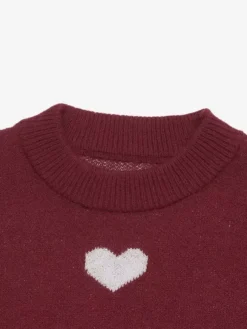 Burgundy Heart Pattern Crew Neck Sweater Long Sleeve Loose Casual Fall Winter Pullover