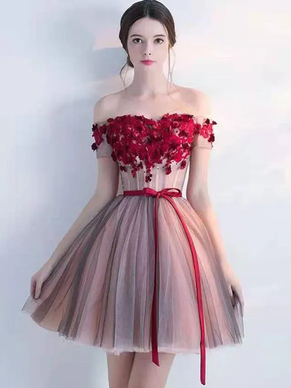 Burgundy Homecoming Dress 2026 Tulle Off The Shoulder Ball Gown Sleeveless Beaded Short Dresses For Prom