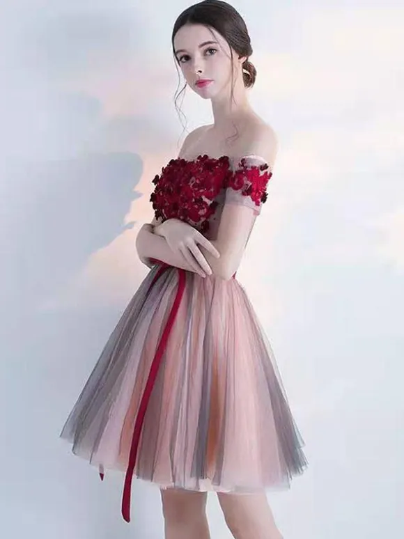 Burgundy Homecoming Dress 2026 Tulle Off The Shoulder Ball Gown Sleeveless Beaded Short Dresses For Prom