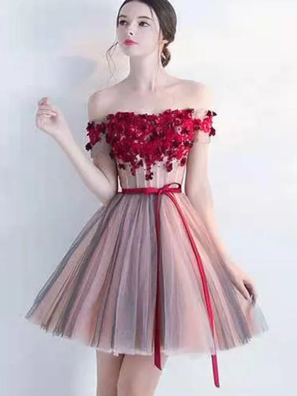 Burgundy Homecoming Dress 2026 Tulle Off The Shoulder Ball Gown Sleeveless Beaded Short Dresses For Prom