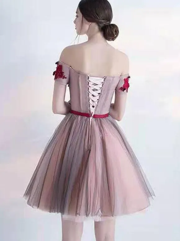 Burgundy Homecoming Dress 2026 Tulle Off The Shoulder Ball Gown Sleeveless Beaded Short Dresses For Prom