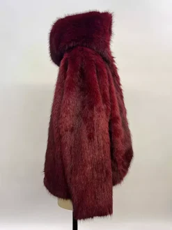 Burgundy Hooded Faux Fur Jacket For Women 2026