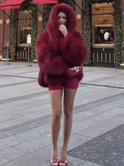 Burgundy Hooded Faux Fur Jacket For Women 2026