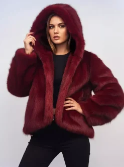 Burgundy Hooded Faux Fur Jacket For Women 2026