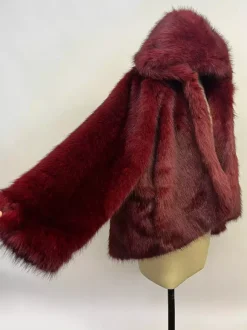Burgundy Hooded Faux Fur Jacket For Women 2026