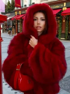 Burgundy Hooded Faux Fur Jacket For Women 2026