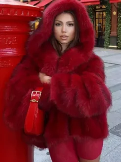 Burgundy Hooded Faux Fur Jacket For Women 2026