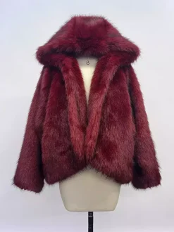 Burgundy Hooded Faux Fur Jacket For Women 2026