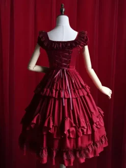 Burgundy Lolita Dress Ruffles Cotton Dress for Women