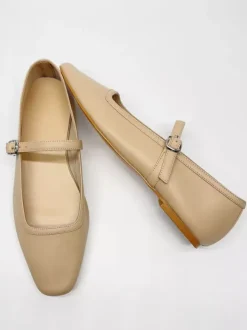 Burgundy Mary Jane Flats Square Toe Buckle Detail Vintage Ballerina Flats