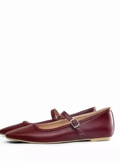 Burgundy Mary Jane Flats Square Toe Buckle Detail Vintage Ballerina Flats