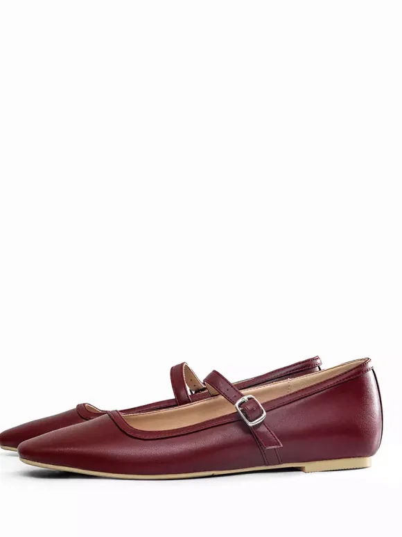 Burgundy Mary Jane Flats Square Toe Buckle Detail Vintage Ballerina Flats