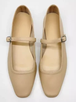 Burgundy Mary Jane Flats Square Toe Buckle Detail Vintage Ballerina Flats