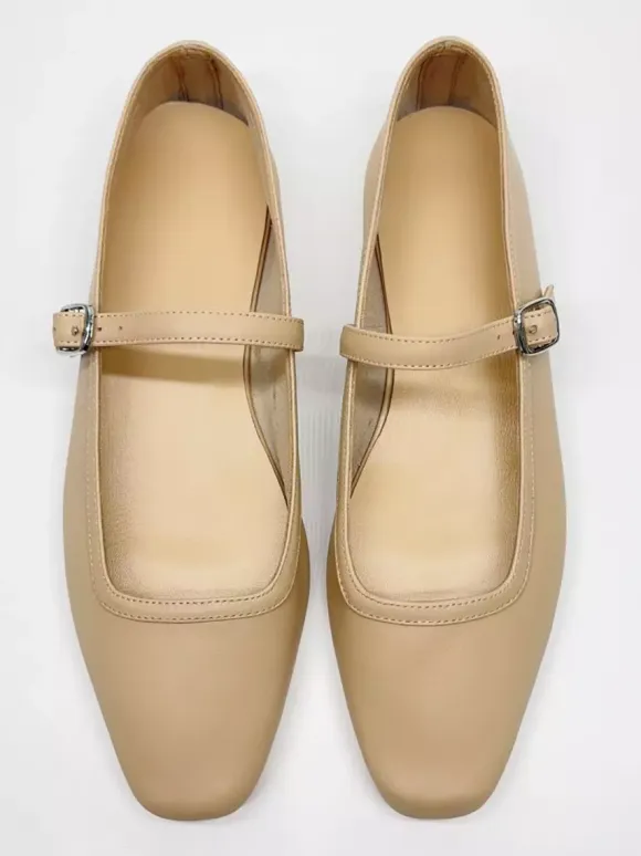 Burgundy Mary Jane Flats Square Toe Buckle Detail Vintage Ballerina Flats