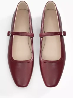 Burgundy Mary Jane Flats Square Toe Buckle Detail Vintage Ballerina Flats