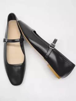 Burgundy Mary Jane Flats Square Toe Buckle Detail Vintage Ballerina Flats