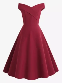 Burgundy Off Shoulder A Line Midi Dress For Women Elegant Formal