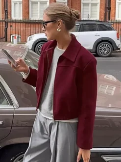 Burgundy Red Women's Cropped Jacket - Chic Turn Down Collar Zip Up Elastic Hem - Spring Casual Streetwear 2026