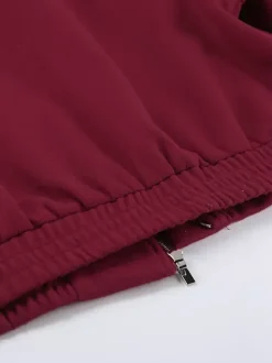 Burgundy Red Women's Cropped Jacket - Chic Turn Down Collar Zip Up Elastic Hem - Spring Casual Streetwear 2026