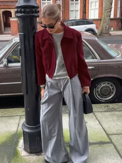 Burgundy Red Women's Cropped Jacket - Chic Turn Down Collar Zip Up Elastic Hem - Spring Casual Streetwear 2026