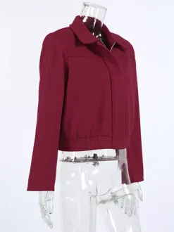 Burgundy Red Women's Cropped Jacket - Chic Turn Down Collar Zip Up Elastic Hem - Spring Casual Streetwear 2026