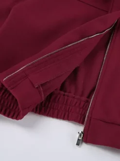 Burgundy Red Women's Cropped Jacket - Chic Turn Down Collar Zip Up Elastic Hem - Spring Casual Streetwear 2026