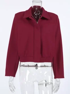 Burgundy Red Women's Cropped Jacket - Chic Turn Down Collar Zip Up Elastic Hem - Spring Casual Streetwear 2026