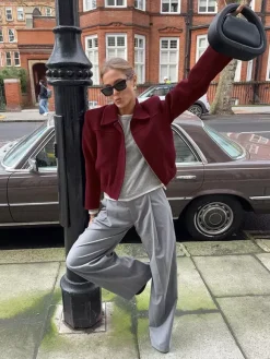 Burgundy Red Women's Cropped Jacket - Chic Turn Down Collar Zip Up Elastic Hem - Spring Casual Streetwear 2026