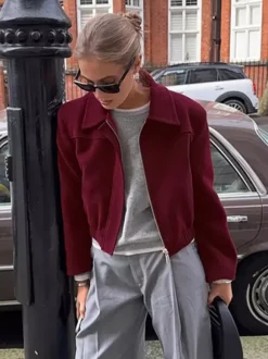 Burgundy Red Women's Cropped Jacket - Chic Turn Down Collar Zip Up Elastic Hem - Spring Casual Streetwear 2026