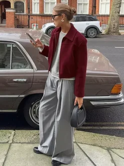 Burgundy Red Women's Cropped Jacket - Chic Turn Down Collar Zip Up Elastic Hem - Spring Casual Streetwear 2026
