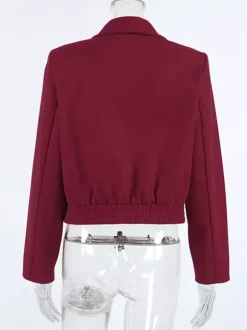 Burgundy Red Women's Cropped Jacket - Chic Turn Down Collar Zip Up Elastic Hem - Spring Casual Streetwear 2026